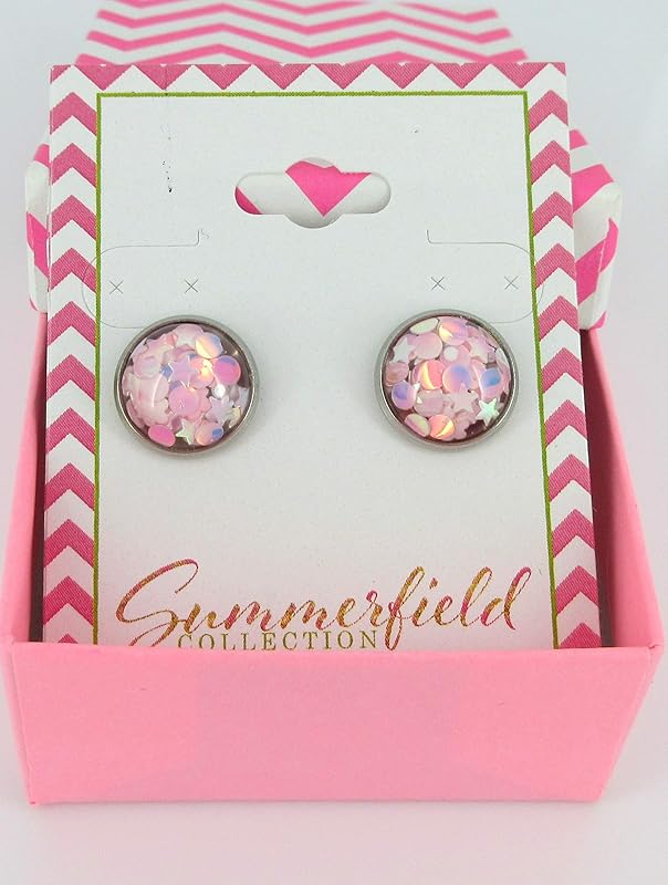Summerfield Collection Stainless Steel Glitter Resin Globe Stud Earrings 12mm (Ballet Pink)