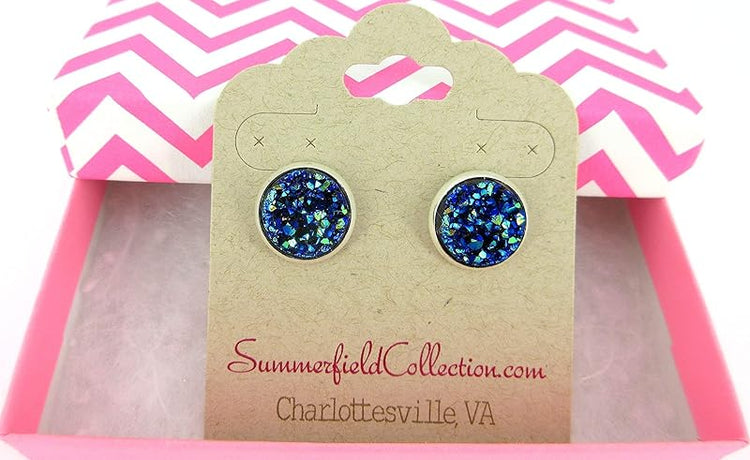 Summerfield Collection Silver-tone Metallic Faux Druzy Stone Stud Earrings 12mm (Blue)