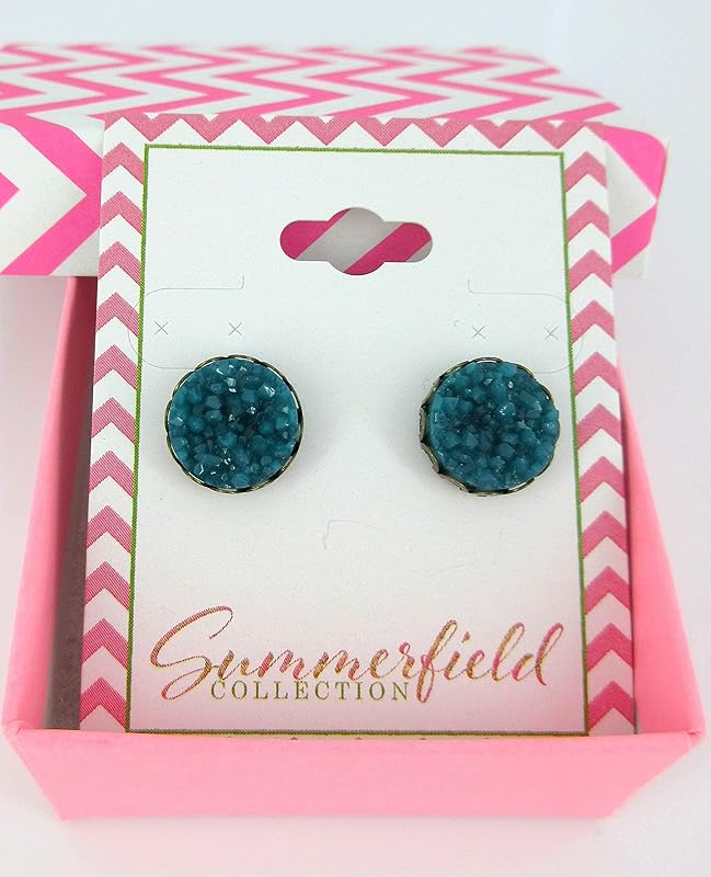 Summerfield Collection Antiqued Gold-tone Faux Druzy Stone Stud Earrings 12mm (Deep Teal Blue/Green)