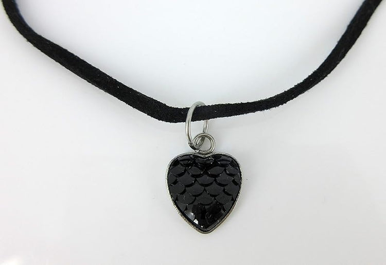 Summerfield Collection Mermaid Heart Choker Necklace Faux Black Suede Cord Dangle Earrings Set (Black)