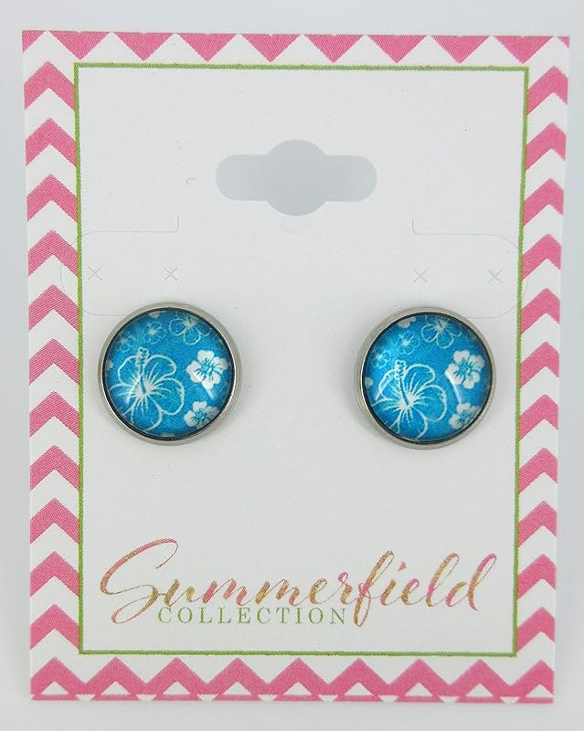 Summerfield Collection Stainless Steel Hibiscus Flower Print Glass Stud Earrings 12mm Hawaiian (Aqua Blue)