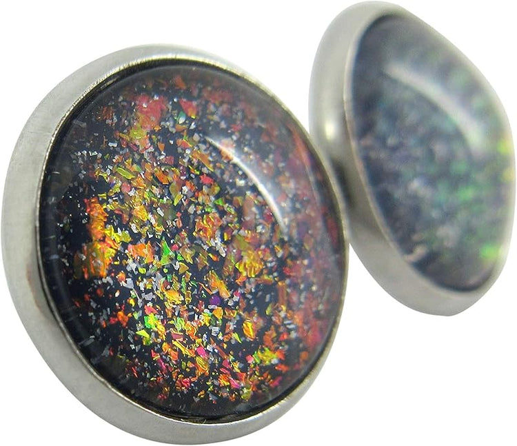Summerfield Collection Stainless Steel Gray and Rainbow Holographic Glitter Glass Stud Earrings Hand-painted 12mm