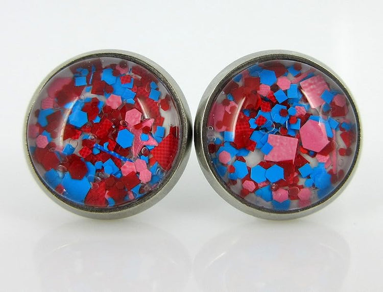 Summerfield Collection Stainless Steel Red Blue Pink Glitter Glass Stud Earrings Hand-painted 10mm
