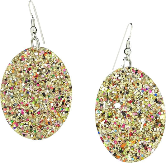 Summerfield Collection Silver-tone Glitter Faux Leather Oval Dangle Earrings (Gold and Rainbow)