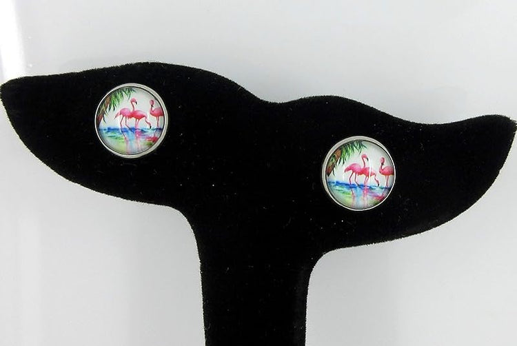 Summerfield Collection Duo Stud Earrings Stainless Steel Sweet Mint Green Faux Druzy Stone and Flamingo Print Glass 12mm Set