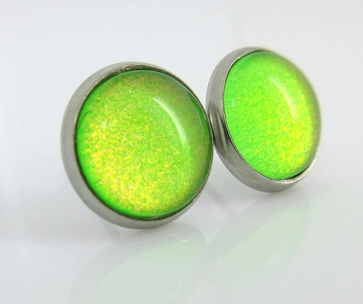Summerfield Collection Stainless Steel Neon Green Colorshifting Glitter Glass Stud Earrings Hand-painted 10mm