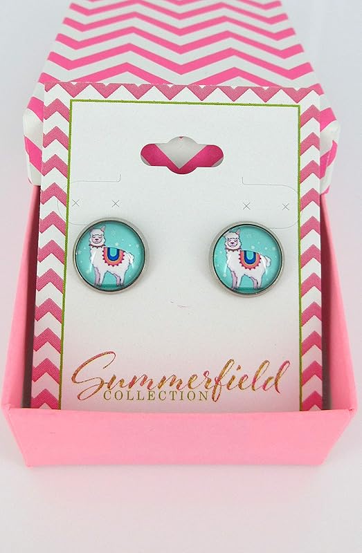 Summerfield Collection Stainless Steel Llama Print Glass Stud Earrings 12mm (Teal)