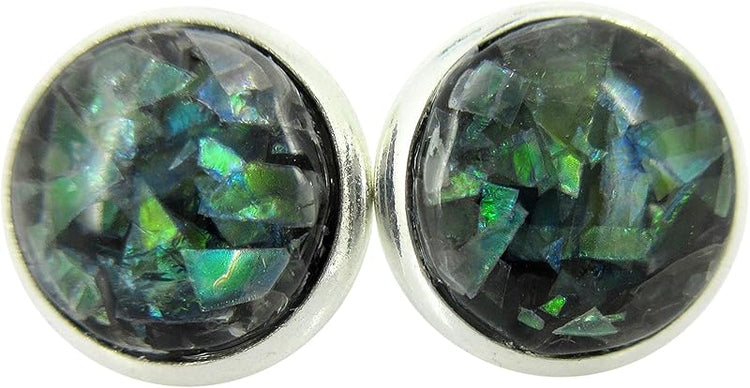Summerfield Collection Shiny Silver-tone Opalescent Leaf Resin Stud Earrings 10mm (Black)