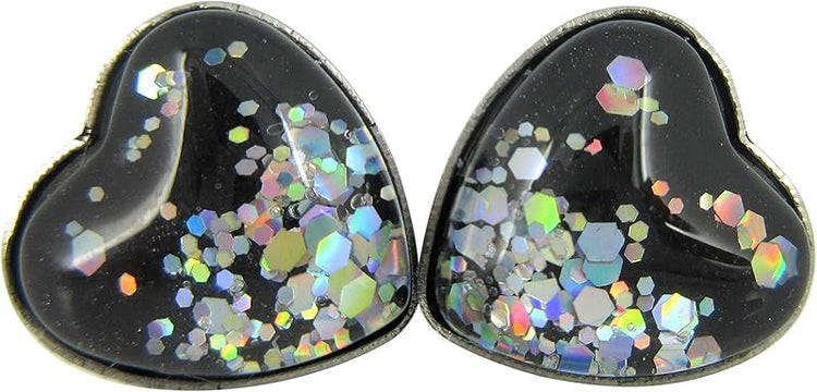 Summerfield Collection Stainless Steel Black and Silver Glitter Glass Heart Stud Earrings Hand-painted