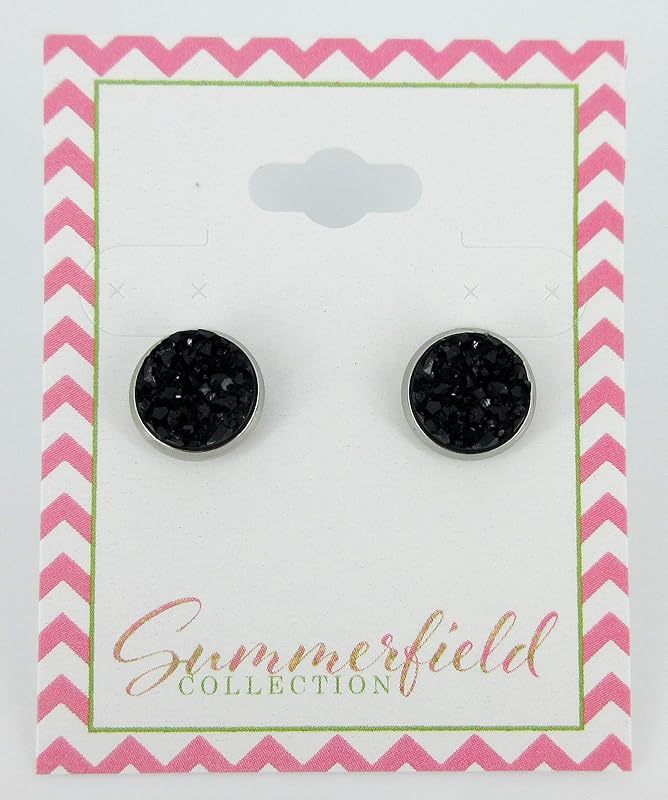 Summerfield Collection Stainless Steel Matte Faux Druzy Stone Stud Earrings 10mm (Black)
