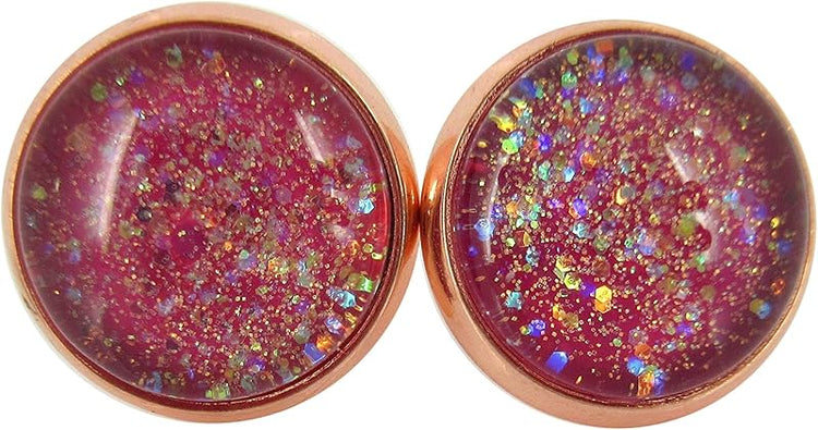 Summerfield Collection Rose Gold-tone Berry Iridescent Glitter Glass Galaxy Stud Earrings Hand-painted 12mm