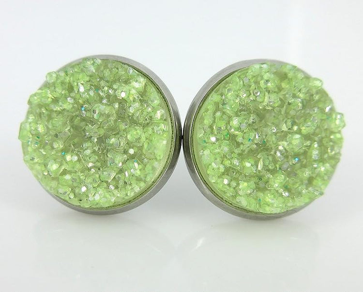 Summerfield Collection Stainless Steel Neon Yellow Green Faux Druzy Glitter Stone Stud Earrings Lime Translucent