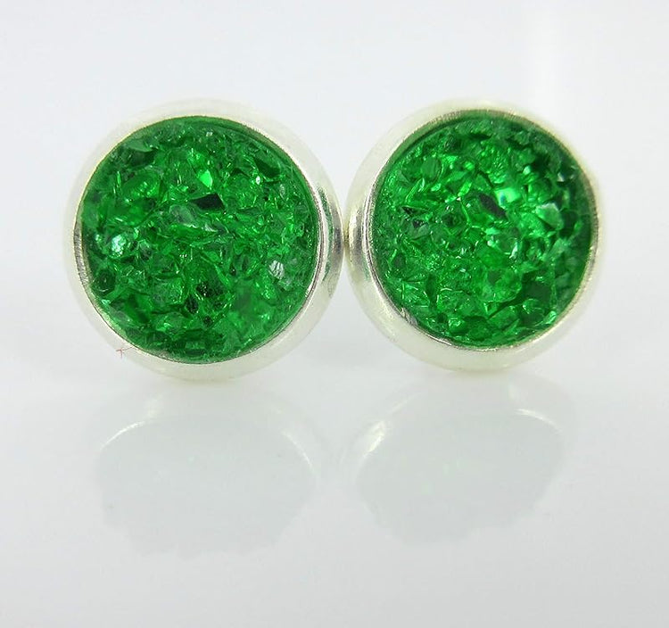Summerfield Collection Duo Silver-tone Faux Druzy Stone Stud Earrings 8mm Set (Deep Purple/Green)