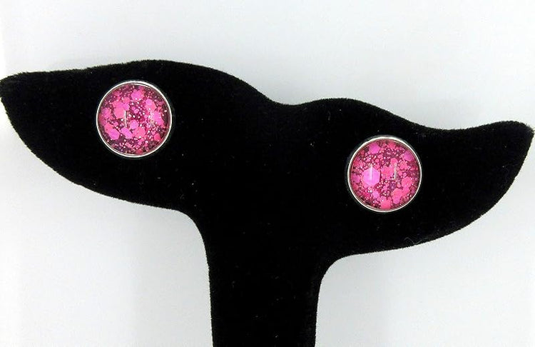 Summerfield Collection Silver-tone Raspberry and Hot Pink Glitter Glass Stud Earrings Hand-painted 12mm