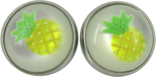 Summerfield Collection Stainless Steel Fruit Print Frosted Resin Stud Earrings 12mm (Pineapple)
