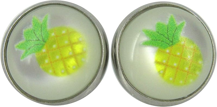 Summerfield Collection Stainless Steel Fruit Print Frosted Resin Stud Earrings 12mm (Pineapple)