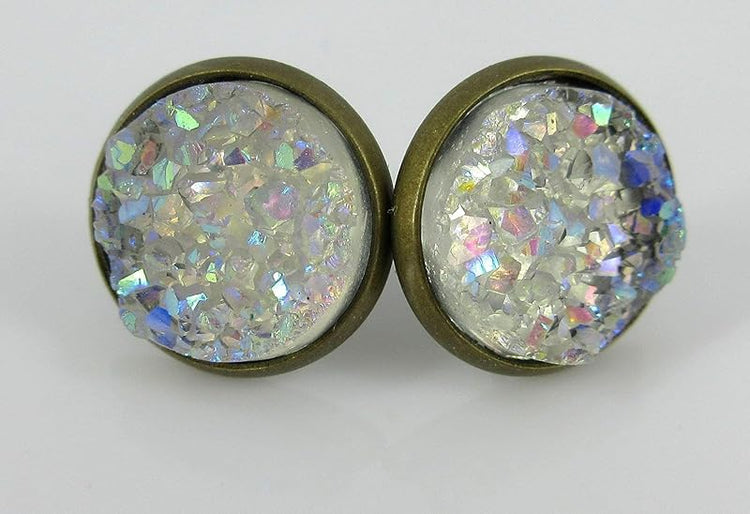 Summerfield Collection Trio Antiqued Gold-tone Stud Earrings Faux Druzy Stone Clear AB Sea Blue Green Set 12mm