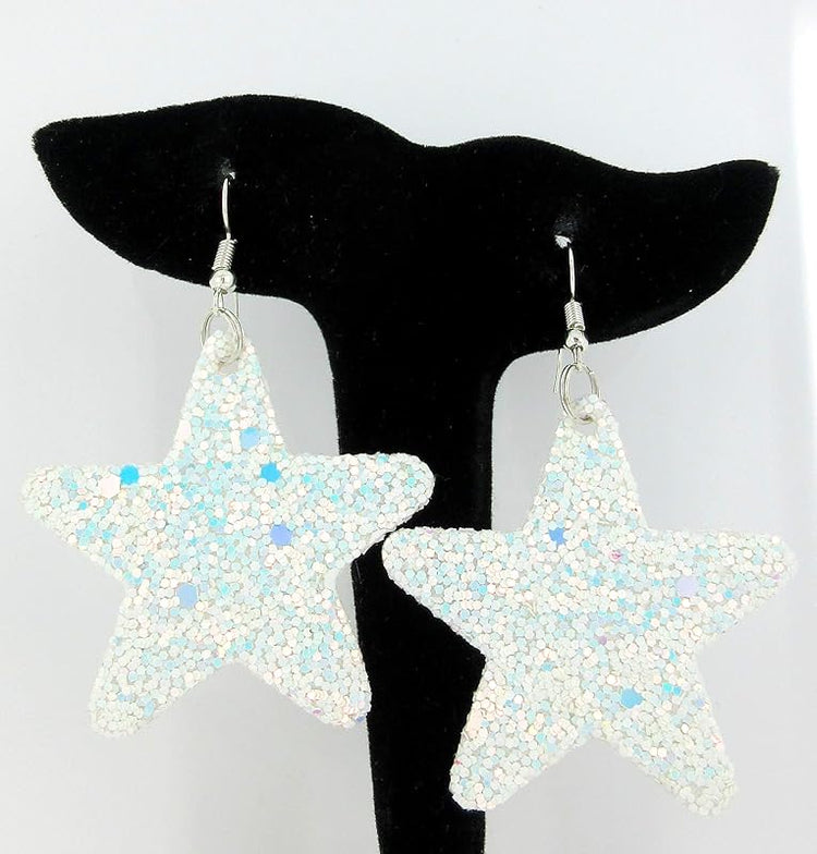Summerfield Collection Glitter Faux Leather Large Star Dangle Earrings (White with Pink and Lt Blue)