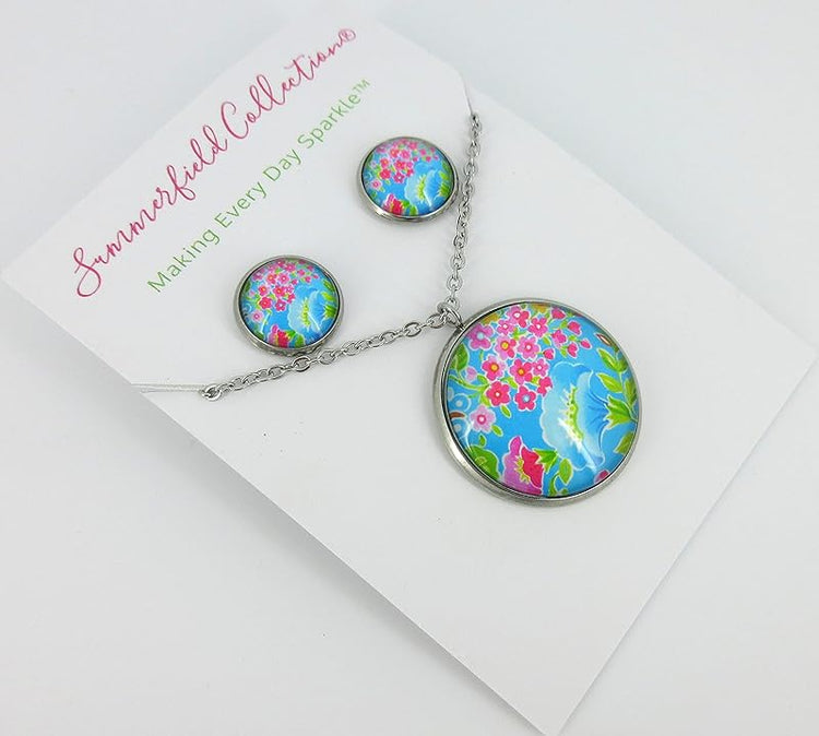 Summerfield Collection Stainless Steel Floral Printed Glass Necklace Stud Earrings Set (Blue)
