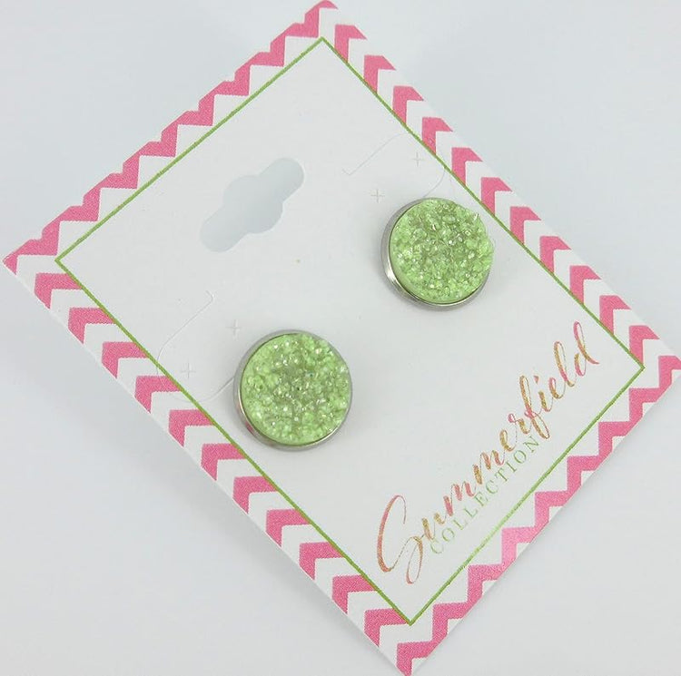 Summerfield Collection Stainless Steel Neon Yellow Green Faux Druzy Glitter Stone Stud Earrings Lime Translucent