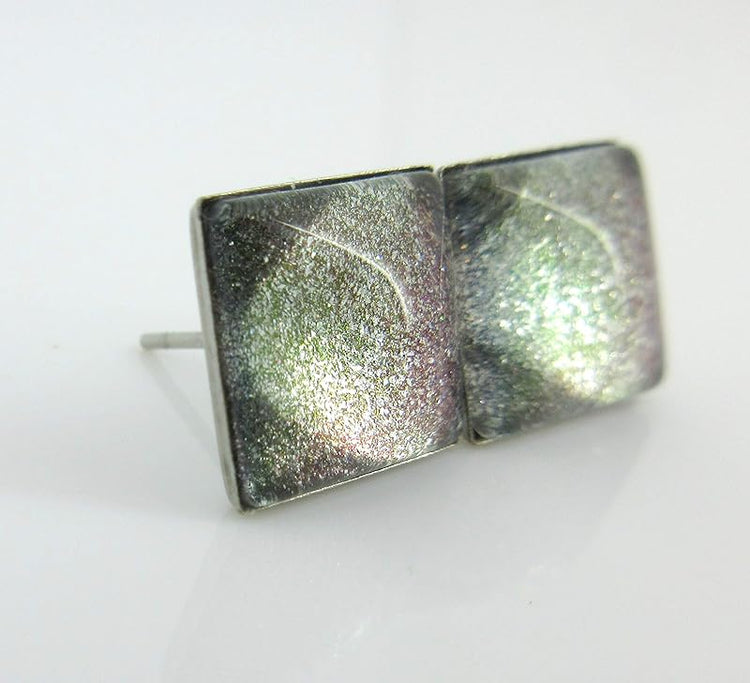 Summerfield Collection Stainless Steel Charcoal Gray Purple Green Glitter Glass Stud Earrings Hand-painted Square 10mm