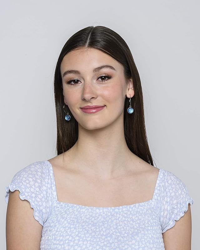 Summerfield Collection Stainless Steel Blue Green Glitter Glass Charm Hoop Earrings Hand-painted 1"