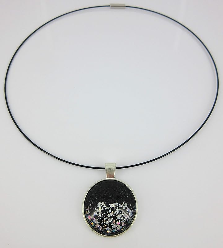 Summerfield Collection Silver-Tone Black and Holographic Glitter Glass Geometric Pendant Necklace Magnetic 18 inch