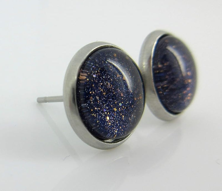 Summerfield Collection Stainless Steel Dark Purple and Gold Glitter Glass Stud Earrings Hand-painted 10mm