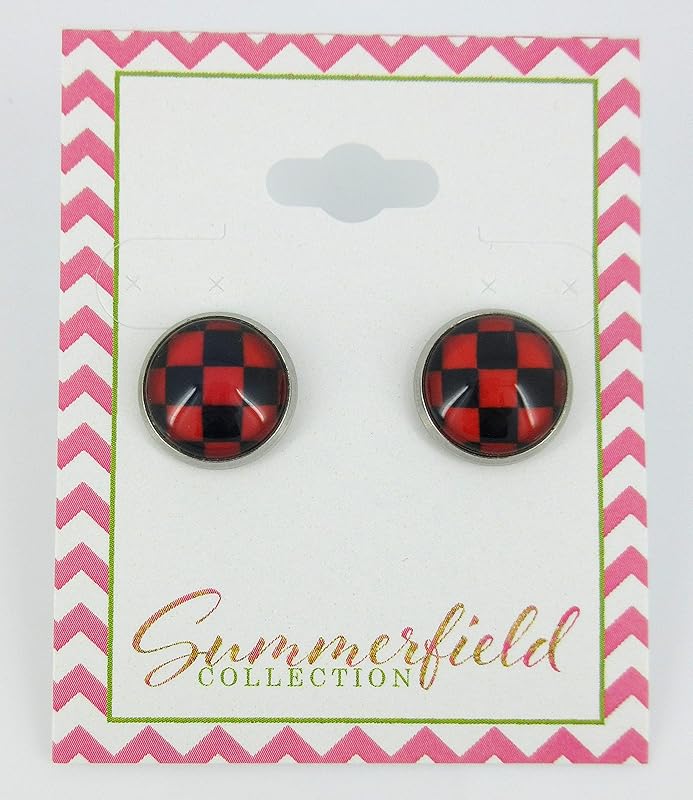 Summerfield Collection Stainless Steel Checkerboard Print Glass Stud Earrings 12mm (Red)