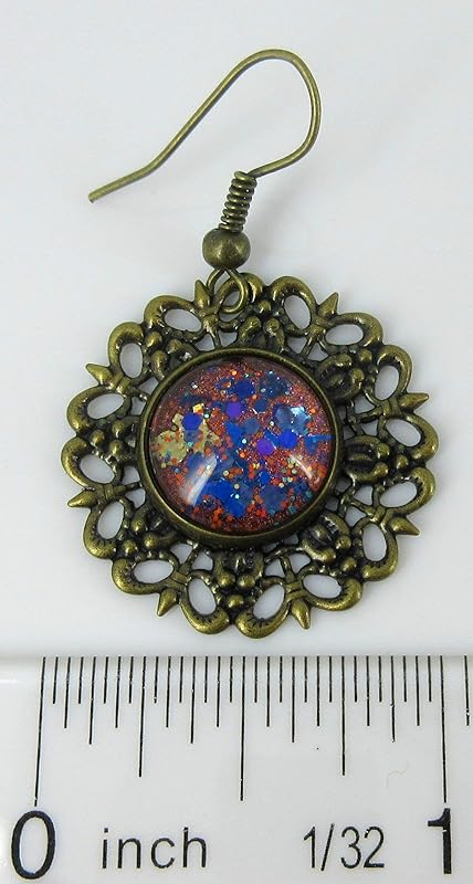 Summerfield Collection Antiqued Gold-tone Orange and Blue Glitter Glass Medallion Dangle Earrings Hand-painted