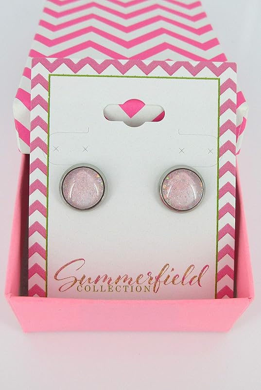 Summerfield Collection Stainless Steel Pale Pink and Iridescent Glitter Glass Stud Earrings Hand-painted 10mm