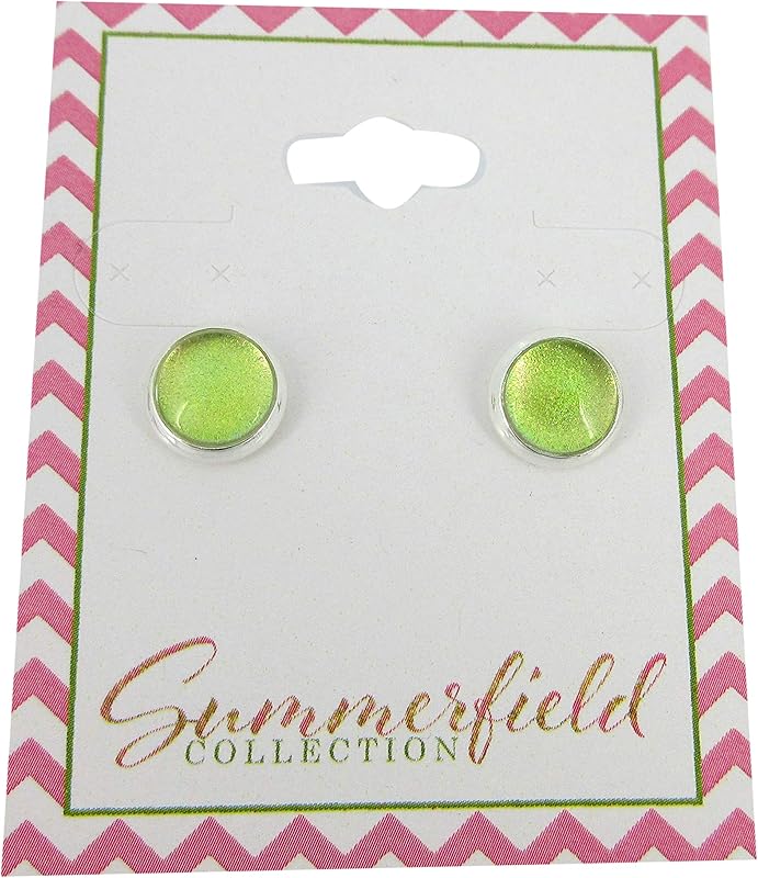 Summerfield Collection Silver-tone Lime Green Color Shift Glitter Glass Stud Earrings Hand-painted 8mm