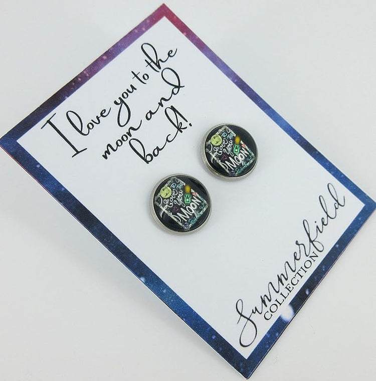 Summerfield Collection Stainless Steel I Love You to the Moon and Back Print Glass Stud Earrings 12mm (Chalk Board)
