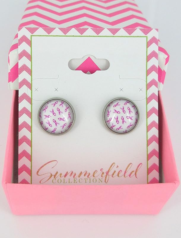 Summerfield Collection Stainless Steel Pink Ribbon Breast Cancer Awareness Printed Glass Stud Earrings 12mm White
