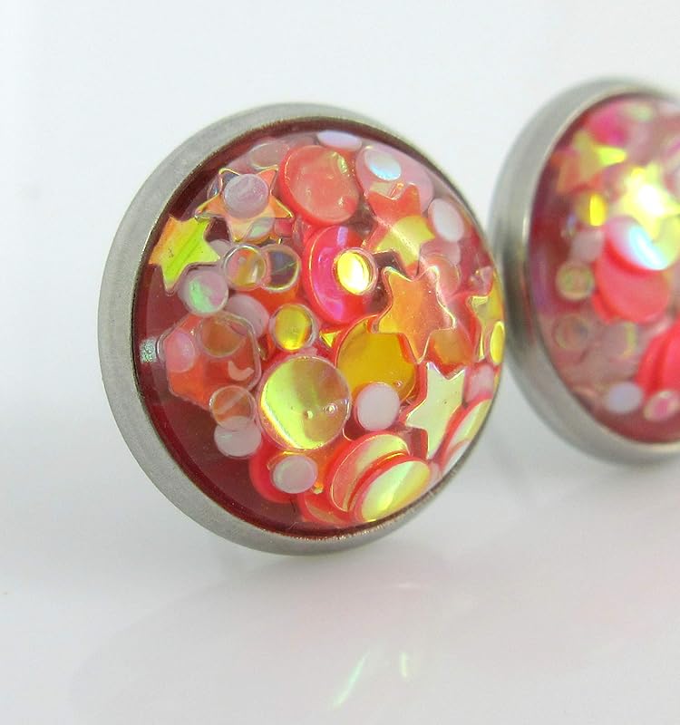 Summerfield Collection Stainless Steel Glitter Resin Globe Stud Earrings 12mm (Sunset)