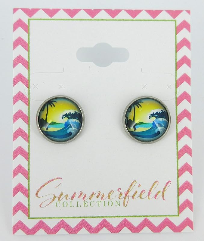 Summerfield Collection Stainless Steel Blue and Yellow Ocean Waves Scene Print Glass Stud Earrings 12mm