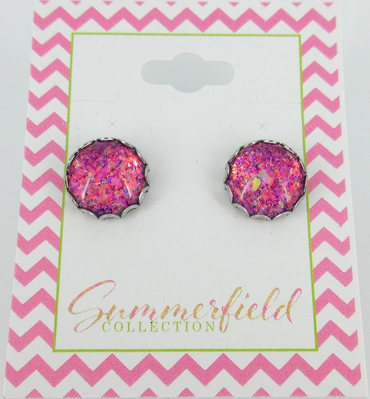 Summerfield Collection Stainless Steel Magenta Pink Purple with Colorshifting Rainbow Flake Glitter Glass Stud Earrings Hand-painted 12mm