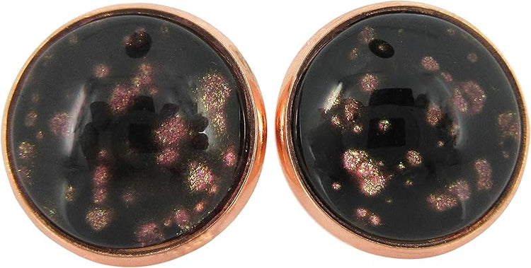 Summerfield Collection Rose Gold-tone Black Spotted Glitter Glass Stud Earrings Hand-painted 12mm