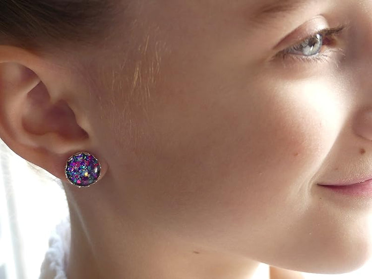 Summerfield Collection Stainless Steel Aqua Blue Pink and Purple Glitter Glass Stud Earrings Hand-painted 12mm
