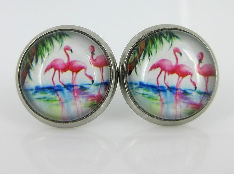 Summerfield Collection Duo Stud Earrings Stainless Steel Sweet Mint Green Faux Druzy Stone and Flamingo Print Glass 12mm Set