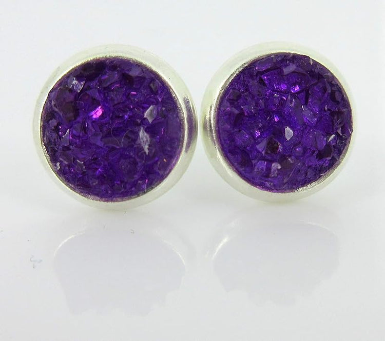 Summerfield Collection Duo Silver-tone Faux Druzy Stone Stud Earrings 8mm Set (Deep Purple/Green)
