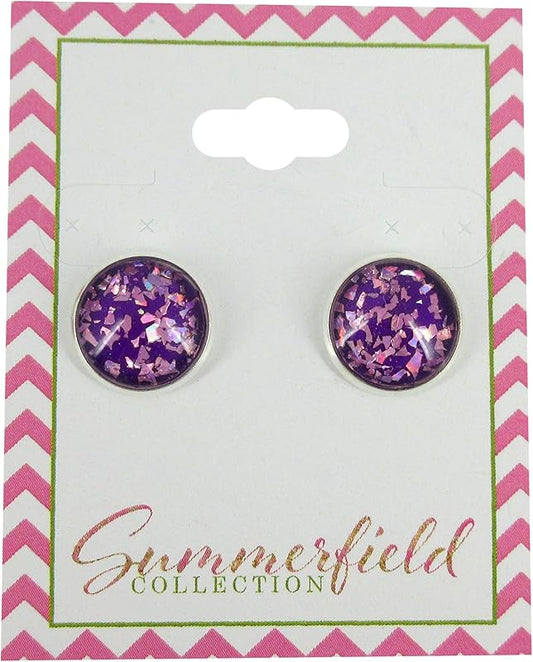 Summerfield Collection Silver-tone Purple Shard Glitter Glass Stud Earrings Hand-painted 12mm
