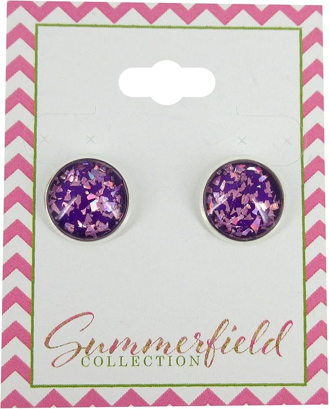 Summerfield Collection Silver-tone Purple Shard Glitter Glass Stud Earrings Hand-painted 12mm
