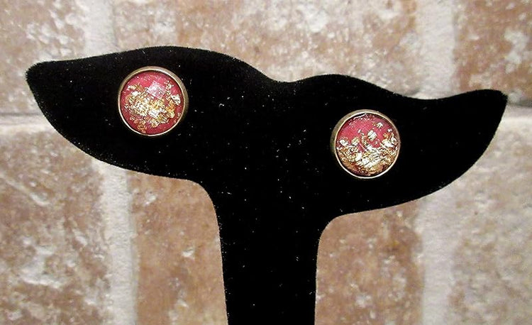 Summerfield Collection Trio Antiqued Gold-tone Leaf Foil Faceted Resin Stud Earrings Set 12mm (Red/Gray/Black)