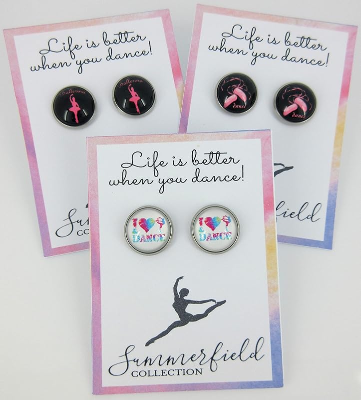 Summerfield Collection Stainless Steel I Heart Dance Print Glass Stud Earrings 12mm (Ballet Pointe Shoes)