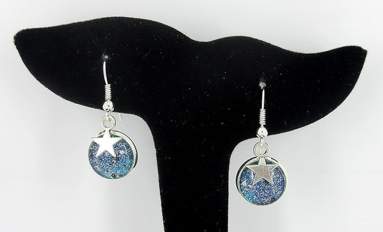 Summerfield Collection Silver-tone Glitter Glass Star Charm Galaxy Dangle Earrings Blue Hand-painted