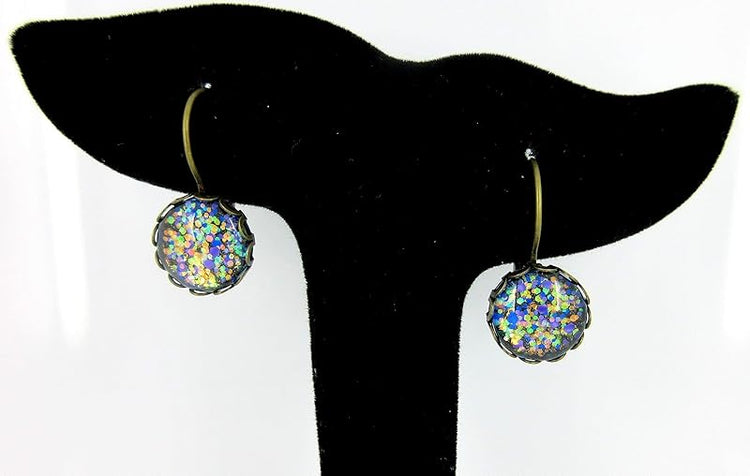 Summerfield Collection Antiqued Gold-tone Purple Blue Green Iridescent Glitter Glass Lever-back Earrings Hand-painted