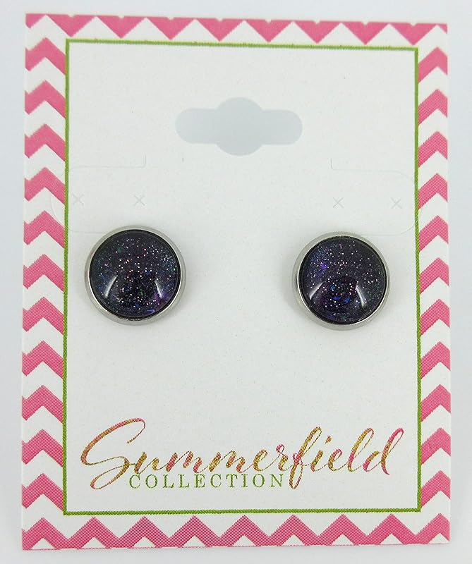 Summerfield Collection Stainless Steel Dark Galaxy Blue Colorshifting to Purple and Red Glitter Glass Stud Earrings Hand-painted 10mm