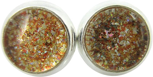 Summerfield Collection Silver-tone Orange Glitter Glass Stud Earrings Hand-painted 8mm