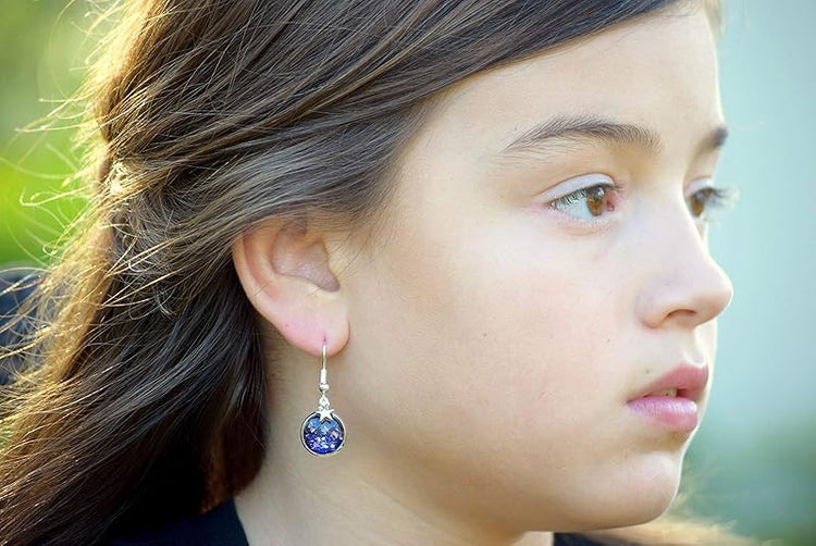 Summerfield Collection Silver-tone Star Gazer Glitter Glass Charm Galaxy Dangle Earrings Hand-painted